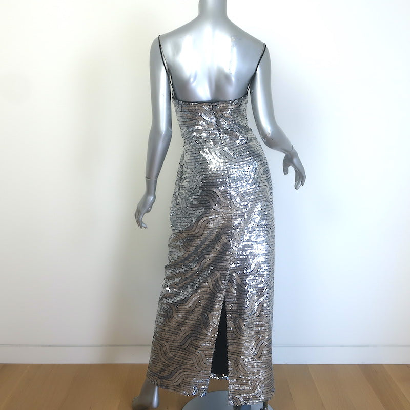 Halston Reine Deco Sequin Gown Silver Size 10 Spaghetti Strap Maxi Dress