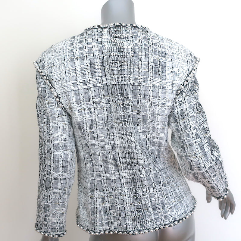 Chanel Pearl-Trimmed Metallic Lesage Jacket Silver/White Wool-Blend Size 40
