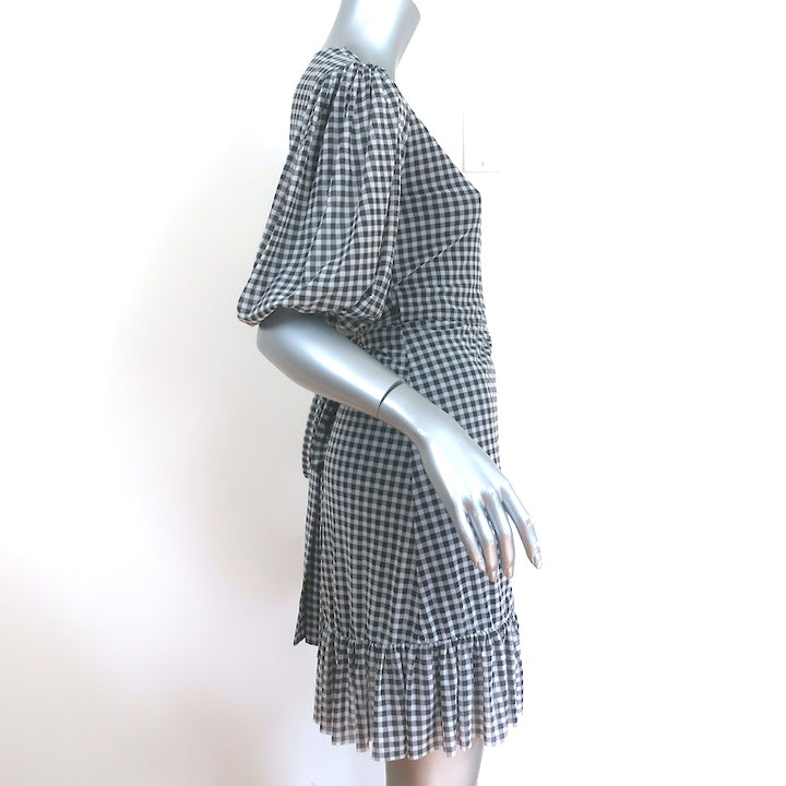 GANNI Mini Wrap Dress Ruffled Black &amp; White Gingham Mesh Size 32 Puff Sleeve