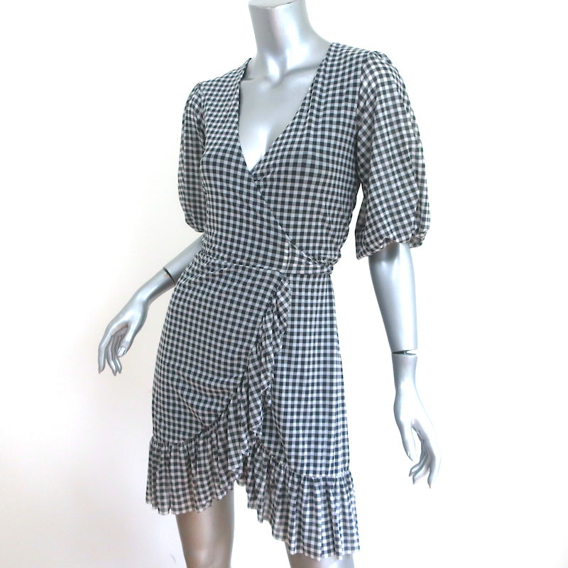 GANNI Mini Wrap Dress Ruffled Black &amp; White Gingham Mesh Size 32 Puff Sleeve