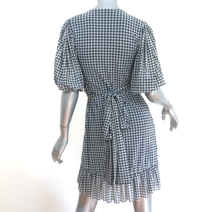 GANNI Mini Wrap Dress Ruffled Black &amp; White Gingham Mesh Size 32 Puff Sleeve