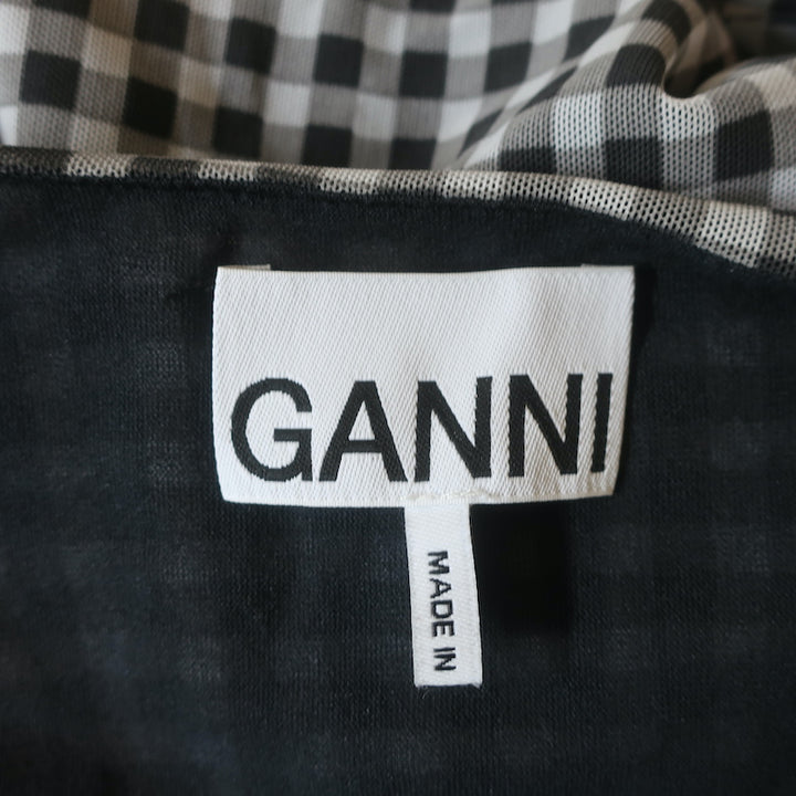 GANNI Mini Wrap Dress Ruffled Black &amp; White Gingham Mesh Size 32 Puff Sleeve