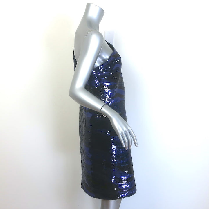Halston Gabriella Sequin One-Shoulder Mini Dress Navy/Black Size 14