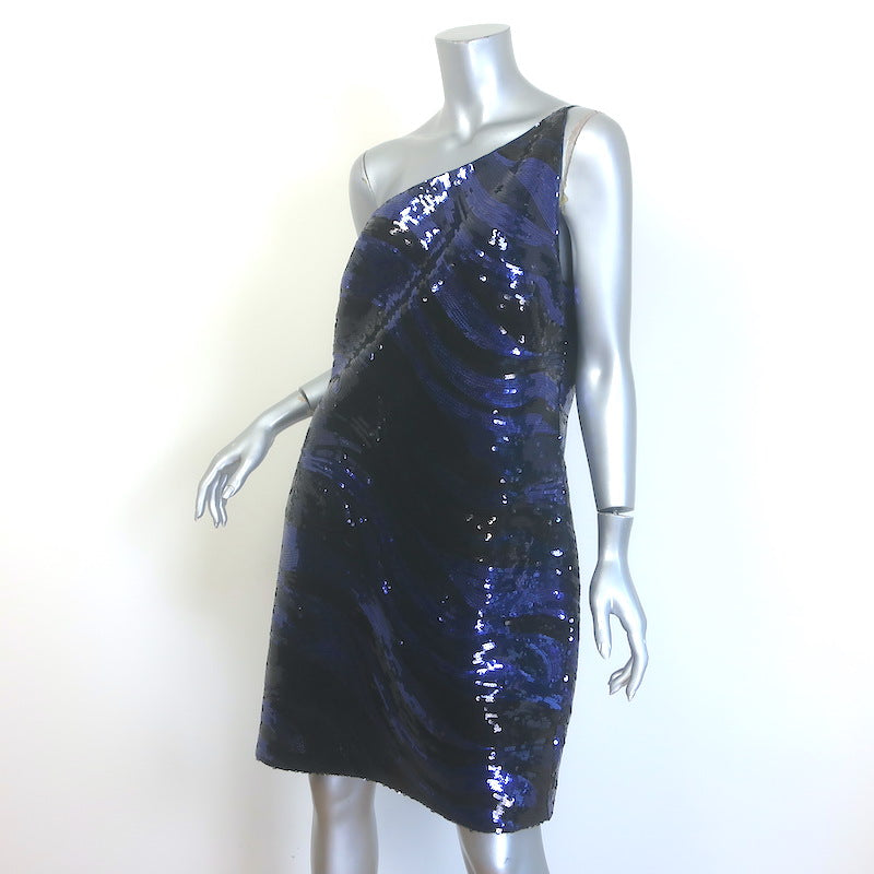 Halston Gabriella Sequin One-Shoulder Mini Dress Navy/Black Size 14
