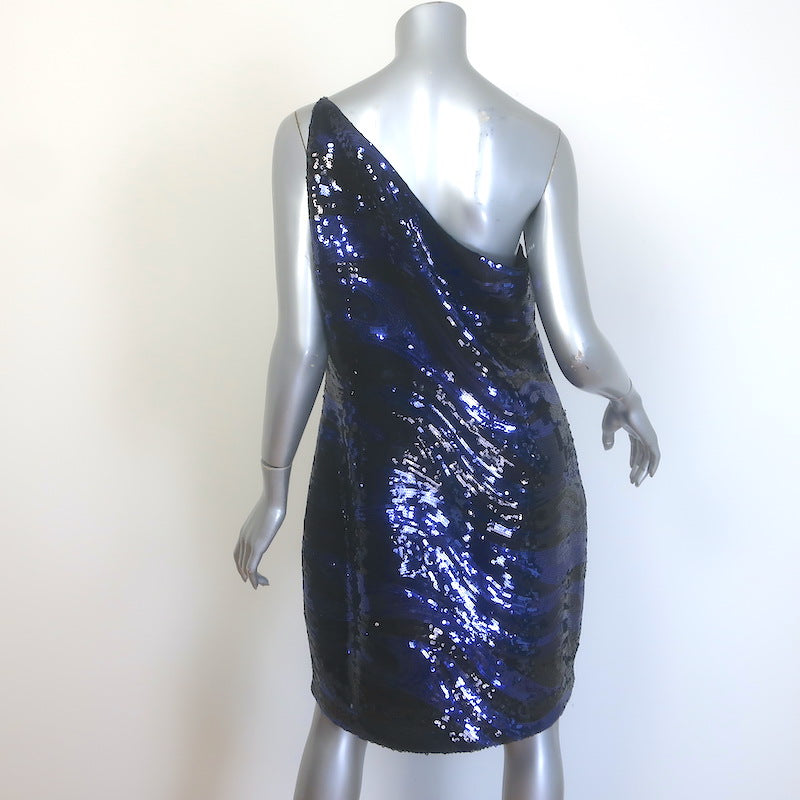 Halston Gabriella Sequin One-Shoulder Mini Dress Navy/Black Size 14