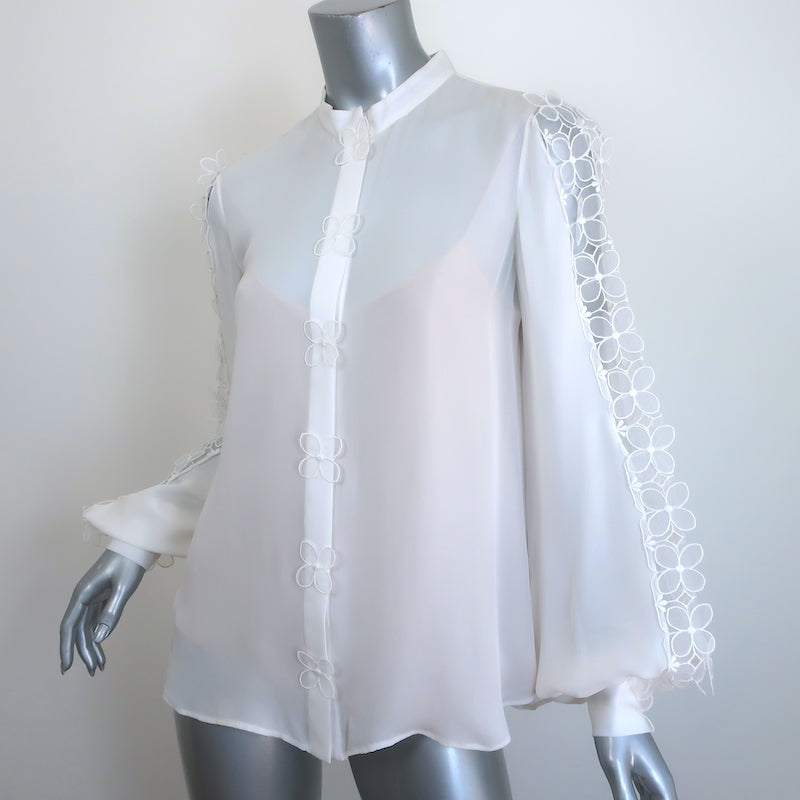 Oscar de la Renta Organza Flower-Trimmed Blouse Cream Silk Size 6 NEW