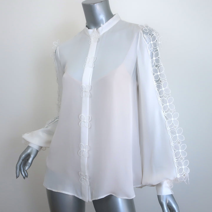 Oscar de la Renta Organza Flower-Trimmed Blouse Cream Silk Size 6 NEW