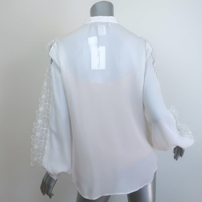 Oscar de la Renta Organza Flower-Trimmed Blouse Cream Silk Size 6 NEW