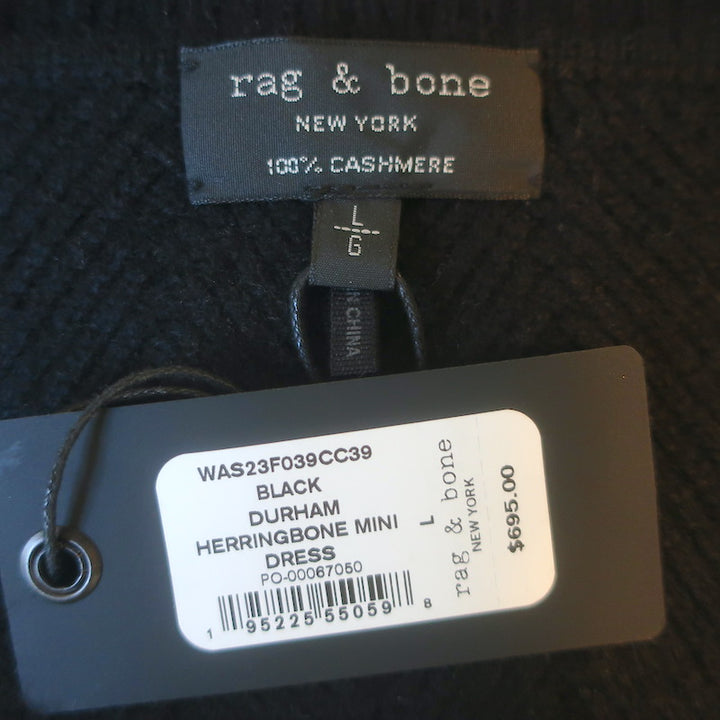 Rag &amp; Bone Durham Herringbone Cashmere Mini Dress Black Size Large NEW