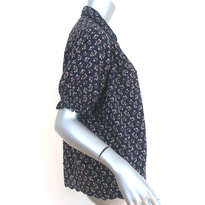 THE GREAT Button Down Top Charcoal Floral Print Scalloped Cotton Size 0