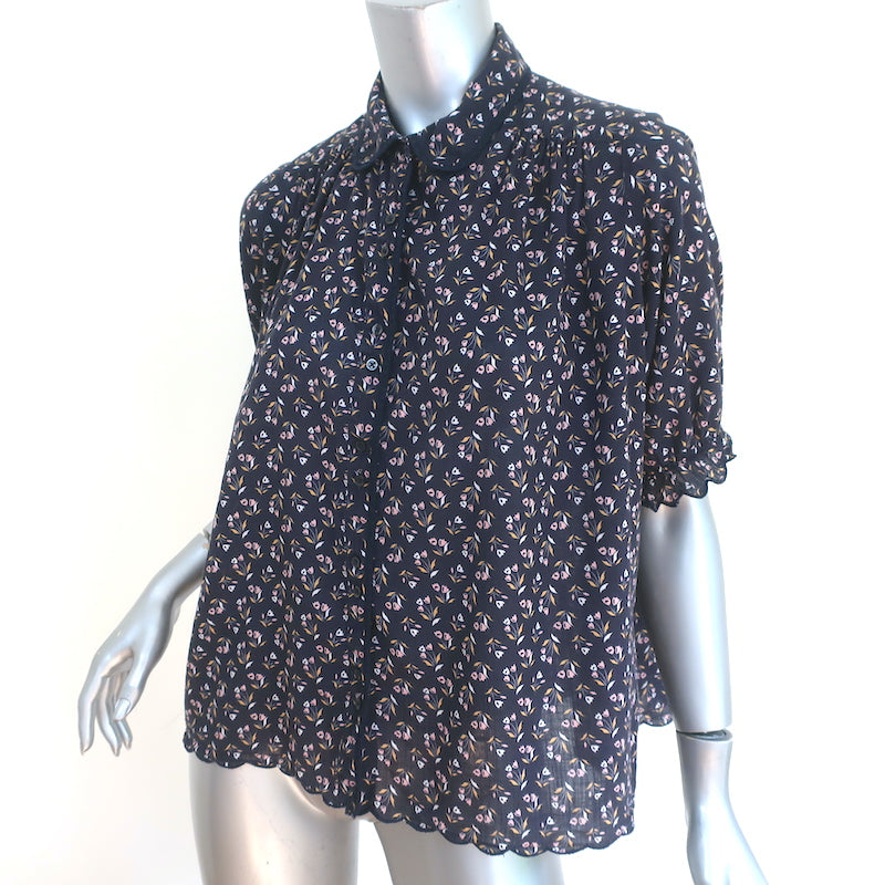 THE GREAT Button Down Top Charcoal Floral Print Scalloped Cotton Size 0