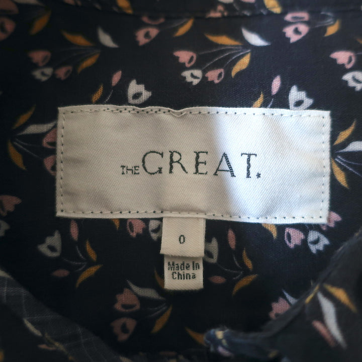 THE GREAT Button Down Top Charcoal Floral Print Scalloped Cotton Size 0