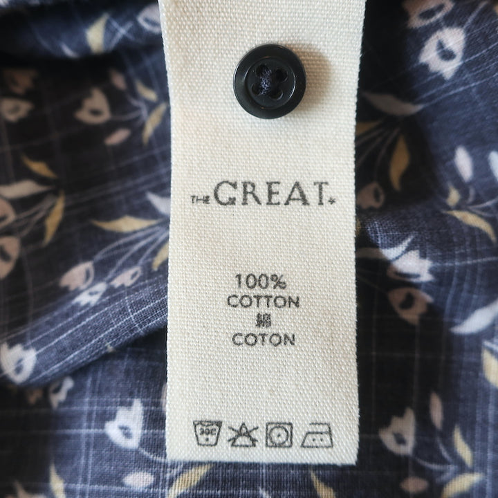 THE GREAT Button Down Top Charcoal Floral Print Scalloped Cotton Size 0