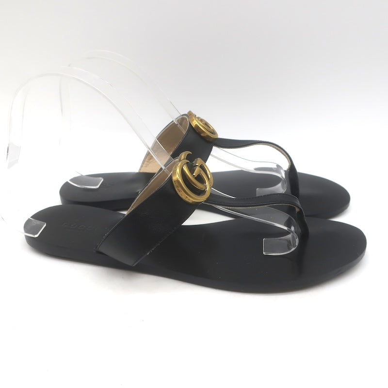 Gucci GG Marmont T-Strap Flat Thong Sandals Black Leather Size 40