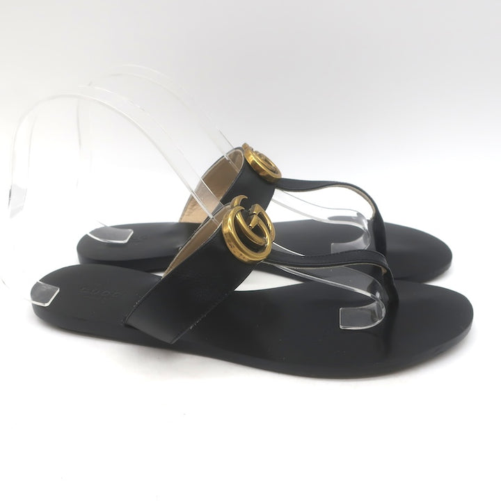 Gucci GG Marmont T-Strap Flat Thong Sandals Black Leather Size 40