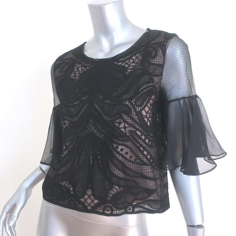 Alexis Leonard Organza-Sleeve Top Black Lace Size Medium