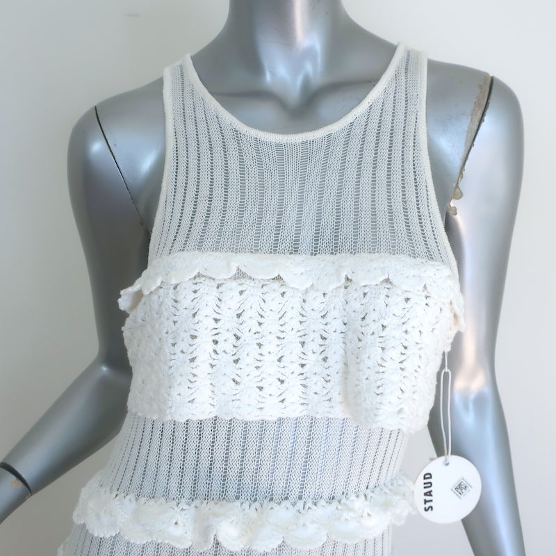 STAUD Sorrento Ruffled Crocheted Maxi Dress White Cotton-Blend Size Medium NEW