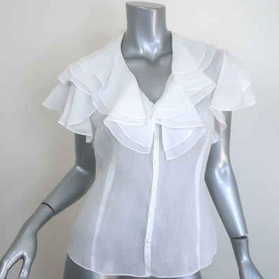 Ralph Lauren Blue Label Ruffle Top White Ramie Size 8 Short Sleeve Blouse