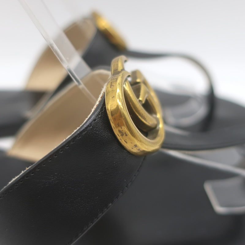 Gucci GG Marmont T-Strap Flat Thong Sandals Black Leather Size 40