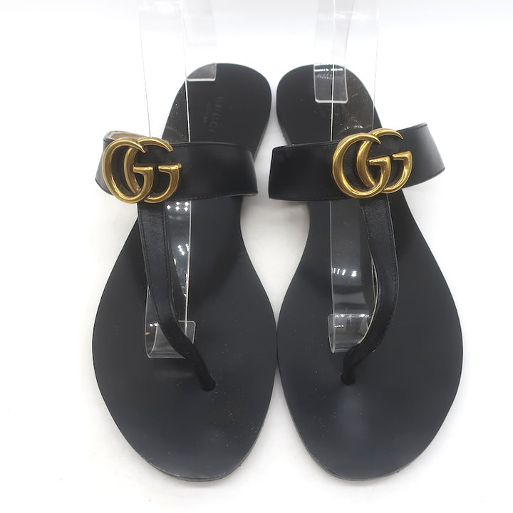 Gucci GG Marmont T-Strap Flat Thong Sandals Black Leather Size 40