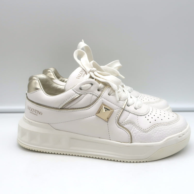 Valentino One Stud Low Top Sneakers White &amp; Gold Leather Size 35.5
