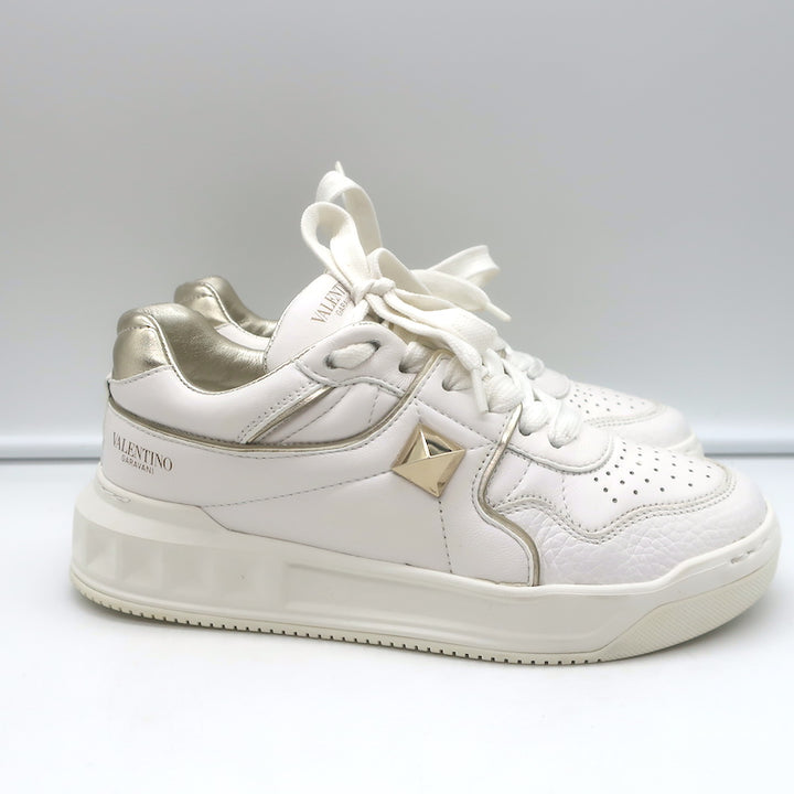 Valentino One Stud Low Top Sneakers White &amp; Gold Leather Size 35.5