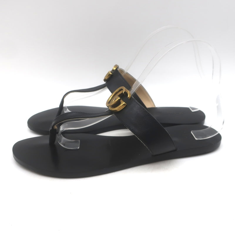 Gucci GG Marmont T-Strap Flat Thong Sandals Black Leather Size 40