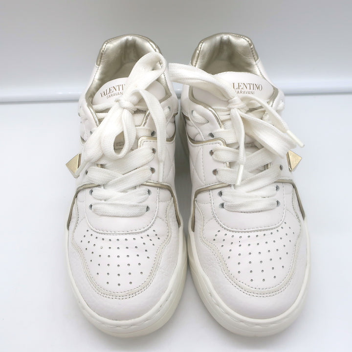 Valentino One Stud Low Top Sneakers White &amp; Gold Leather Size 35.5