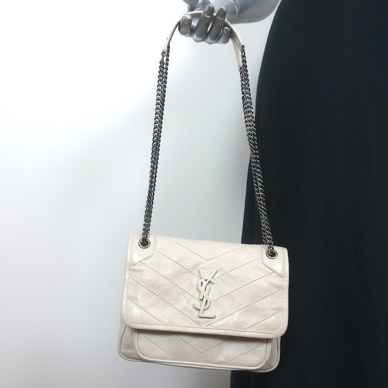 Saint Laurent Baby Niki Shoulder Bag Off-White Vintage Leather Crossbody