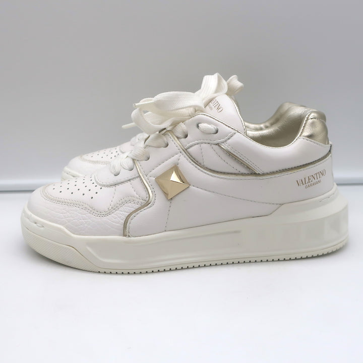 Valentino One Stud Low Top Sneakers White &amp; Gold Leather Size 35.5