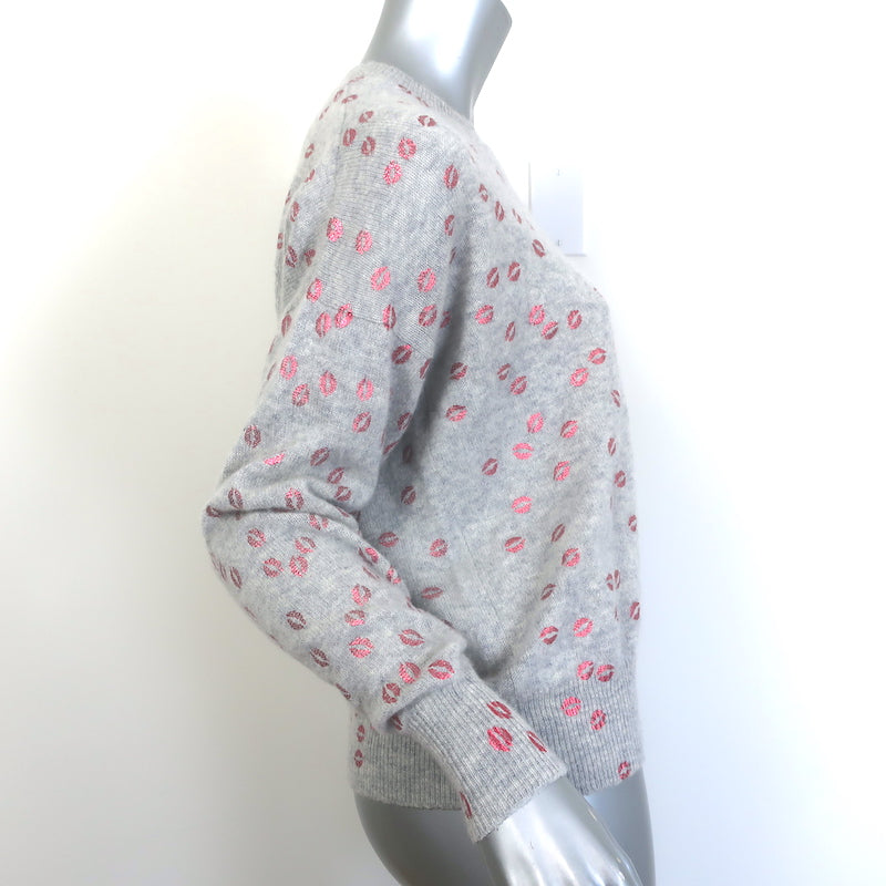 27 Miles Malibu Foil Lips Print Cashmere Sweater Light Gray Size Small