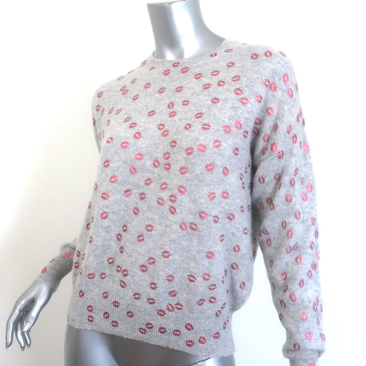 27 Miles Malibu Foil Lips Print Cashmere Sweater Light Gray Size Small