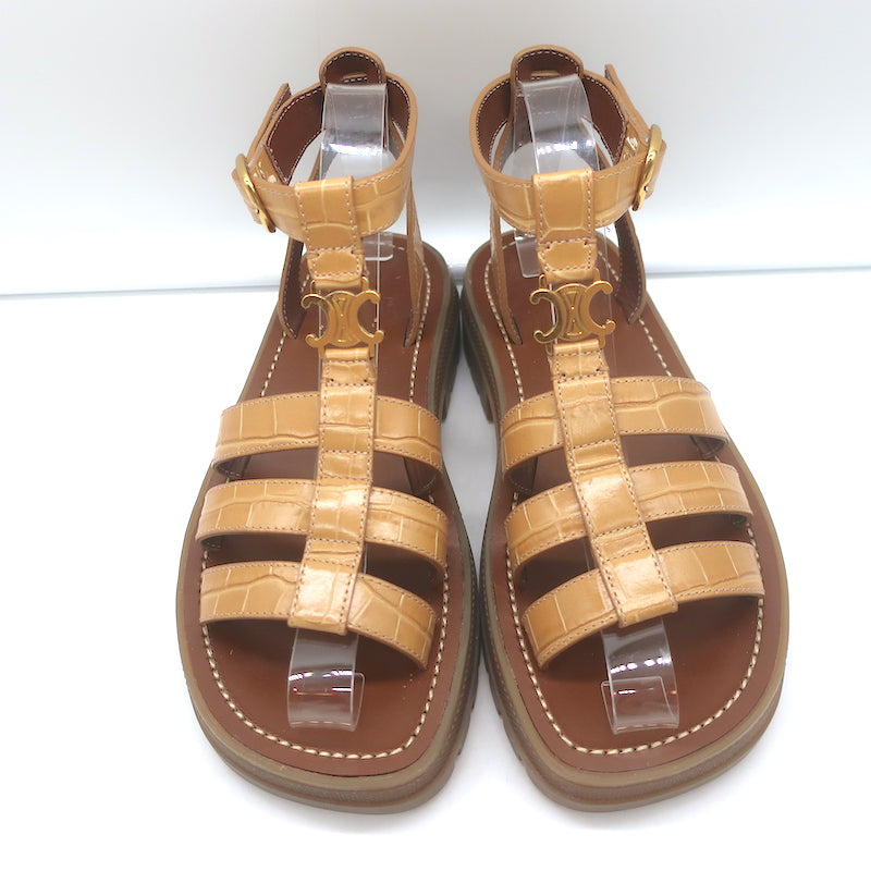 Celine Clea Triomphe Sandals Tan Crocodile-Stamped Leather Size US 8 NEW