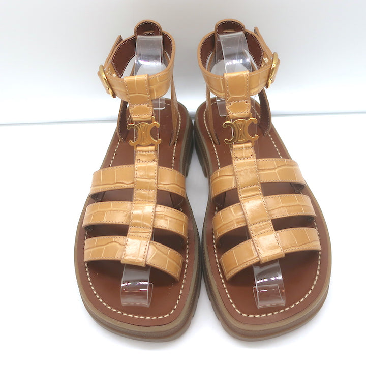 Celine Clea Triomphe Sandals Tan Crocodile-Stamped Leather Size US 8 NEW