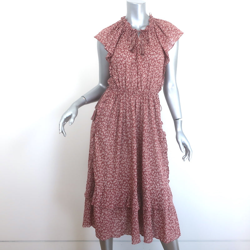 Ulla Johnson Anja Ruffled Tassel-Tie Midi Dress Clay Pink Printed Cotton Size 8