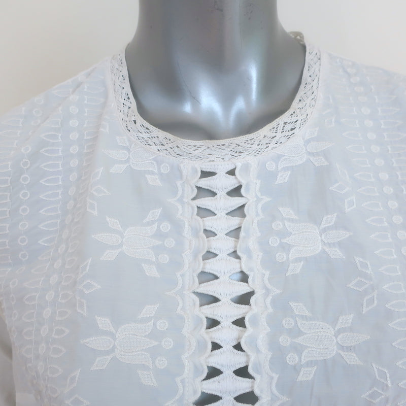 SEA Top White Lace-Trim Embroidered Cotton Size 2 Long Sleeve Blouse