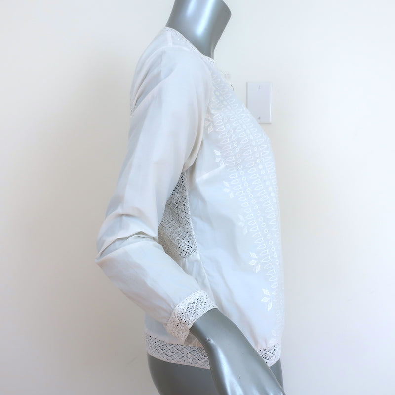 SEA Top White Lace-Trim Embroidered Cotton Size 2 Long Sleeve Blouse
