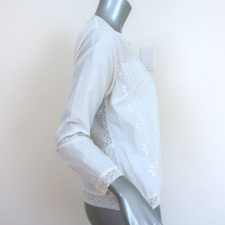 SEA Top White Lace-Trim Embroidered Cotton Size 2 Long Sleeve Blouse