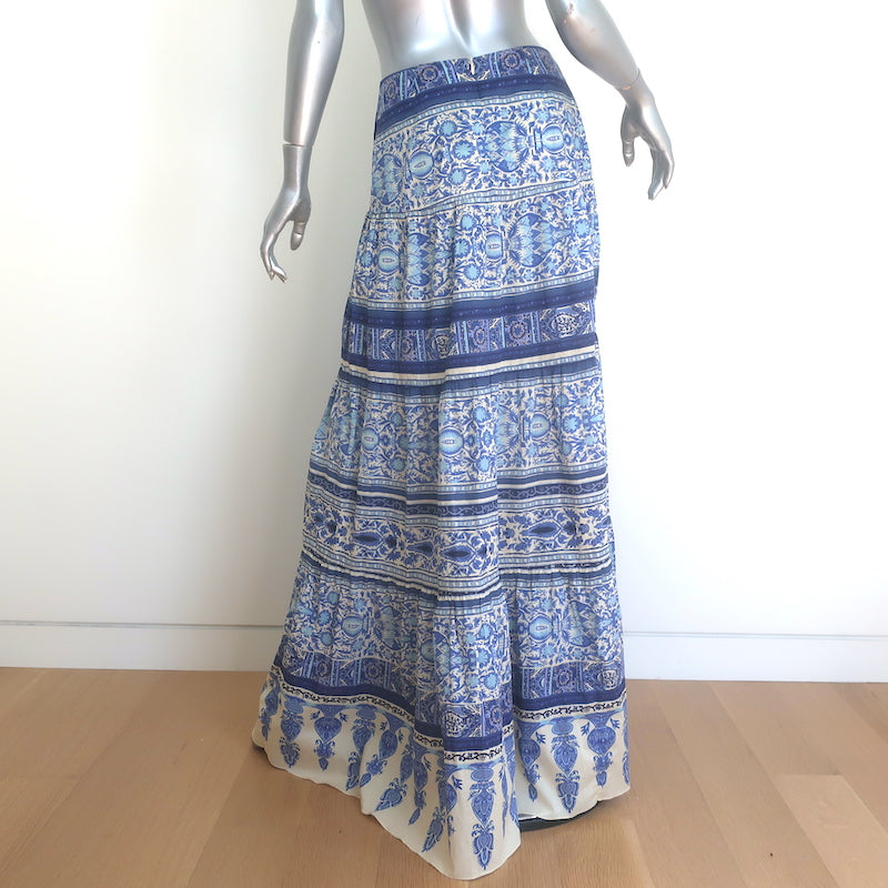 Johanna Ortiz Aromatic Song Maxi Skirt Blue/Ecru Blockprint Cotton Size 4 NEW