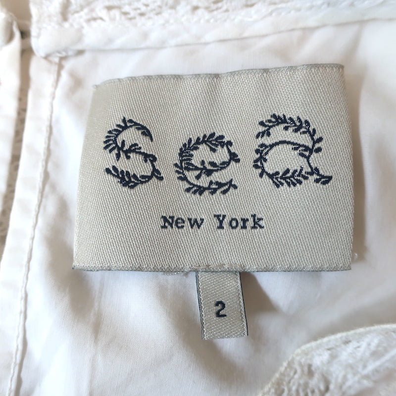 SEA Top White Lace-Trim Embroidered Cotton Size 2 Long Sleeve Blouse