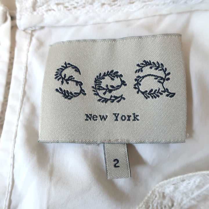 SEA Top White Lace-Trim Embroidered Cotton Size 2 Long Sleeve Blouse