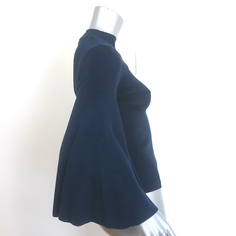 Oscar de la Renta Flared Sleeve Top Navy Stretch Silk Ribbed Knit Size Small NEW