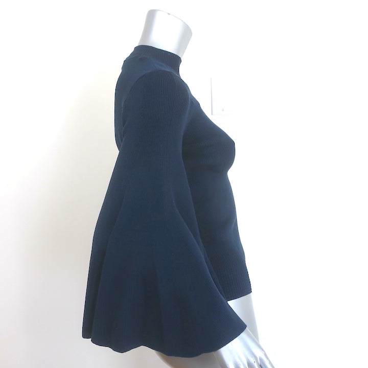 Oscar de la Renta Flared Sleeve Top Navy Stretch Silk Ribbed Knit Size Small NEW