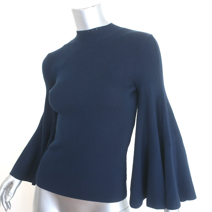 Oscar de la Renta Flared Sleeve Top Navy Stretch Silk Ribbed Knit Size Small NEW