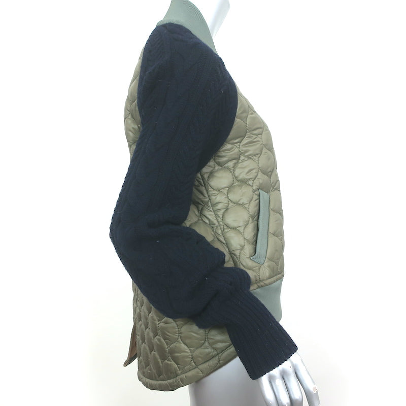 Veronica Beard Marjeti Quilted Bomber Jacket with Knit Sleeves Green Size Small