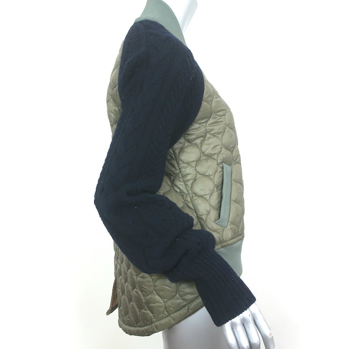Veronica Beard Marjeti Quilted Bomber Jacket with Knit Sleeves Green Size Small