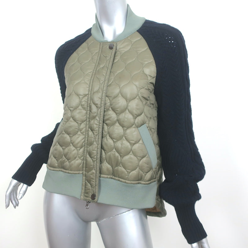Veronica Beard Marjeti Quilted Bomber Jacket with Knit Sleeves Green Size Small