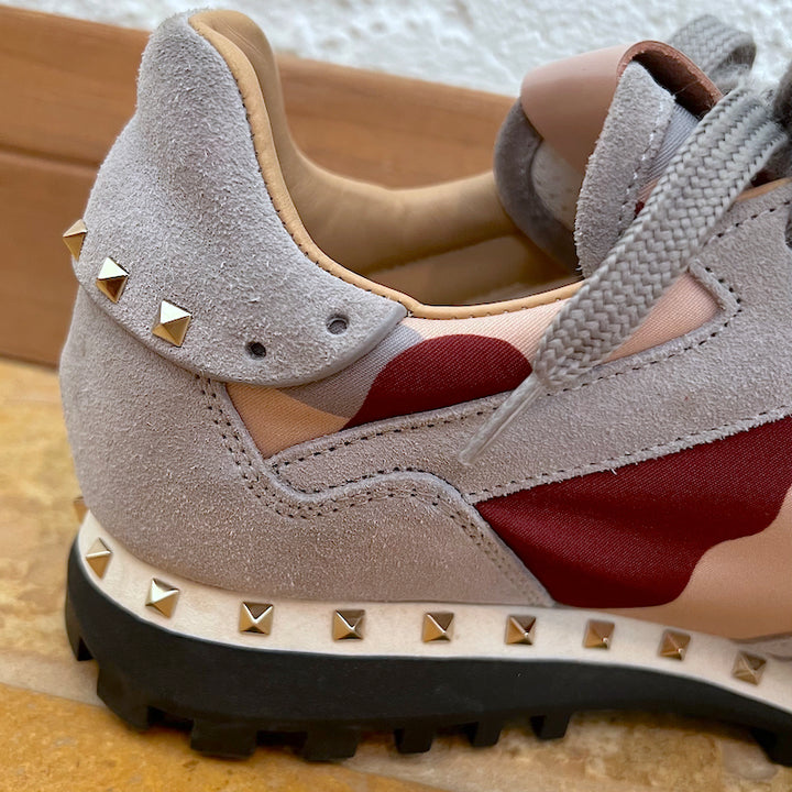 Valentino Soul Rockstud Sneakers Pink Camo &amp; Gray Suede Size 35