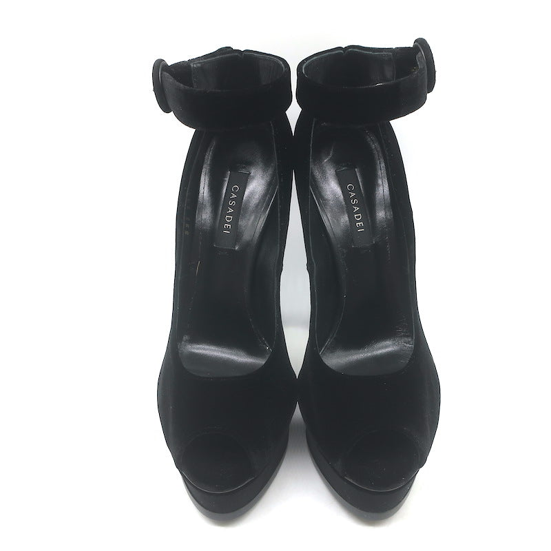 Casadei Velvet Ankle Strap Peep Toe Platform Pumps Black Size 38 NEW