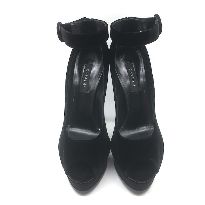 Casadei Velvet Ankle Strap Peep Toe Platform Pumps Black Size 38 NEW